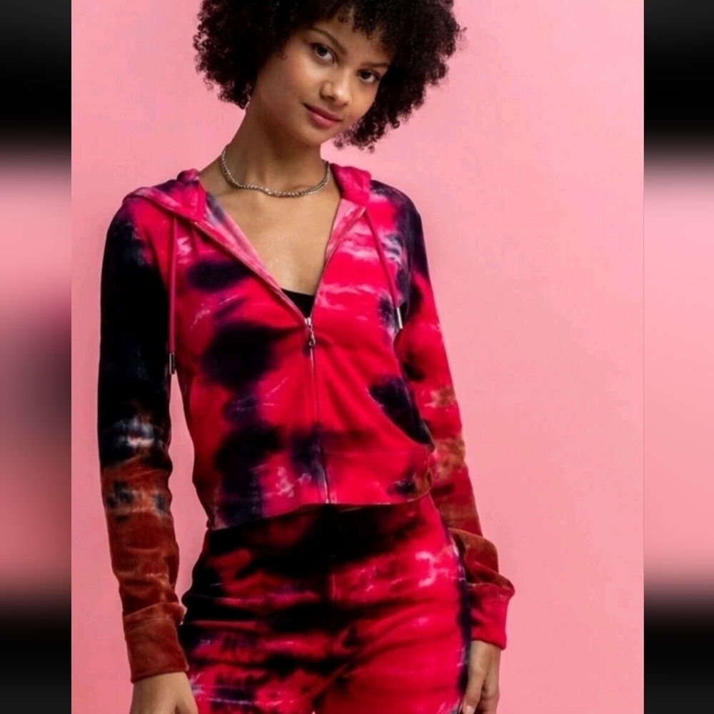 Juicy Couture Pink Red Black Tie-Dye Zip Hoodie